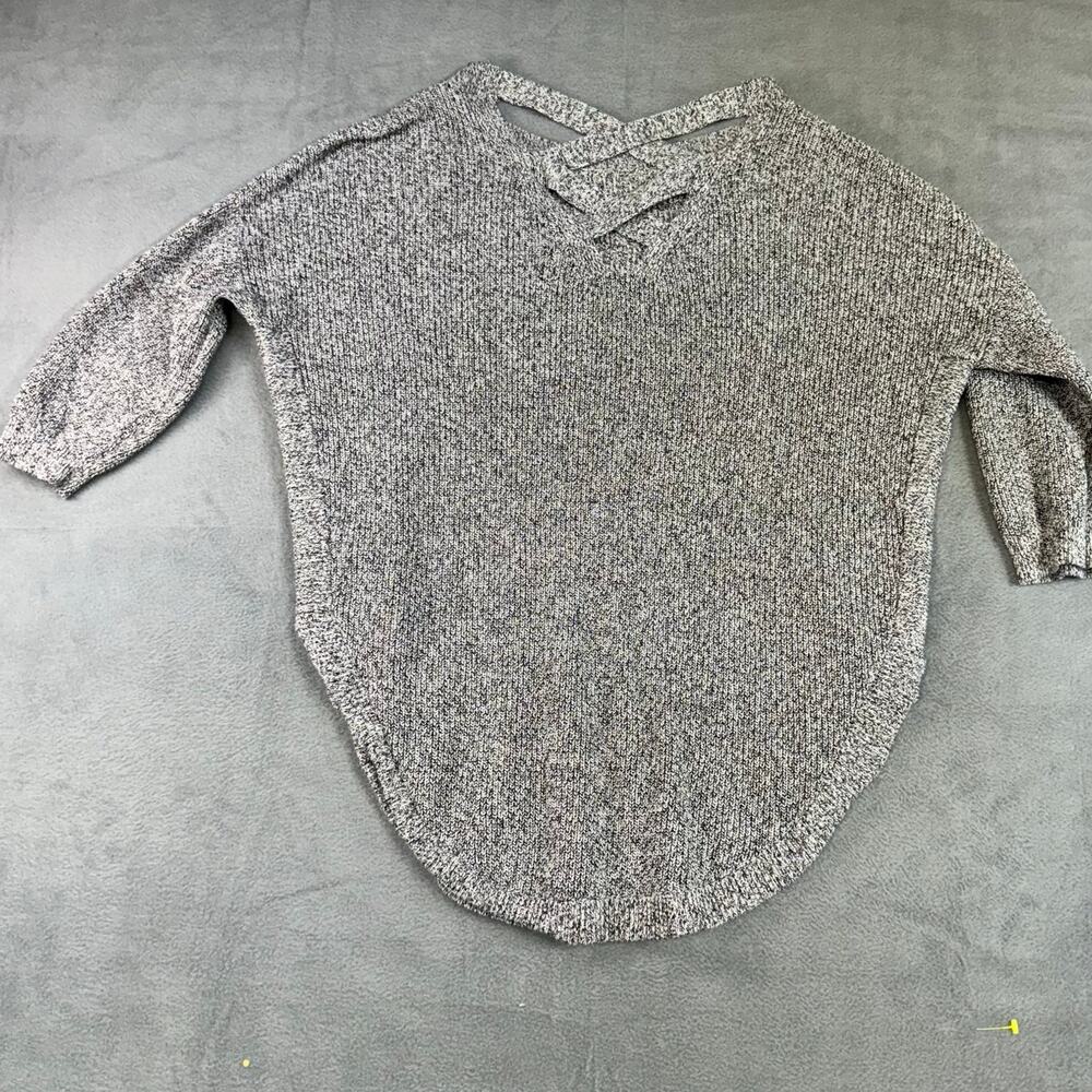 Express Slouchy V Neck Marled Knit Sweater Gray 3/4 Sleeve‎ SMALL